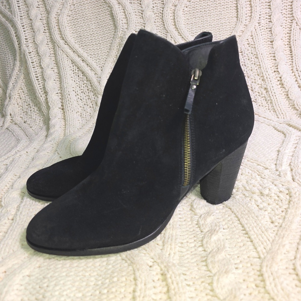 Cole Haan Suede Ankle Boots Black Side Zip Block Heel Womens 10.5 Excellent